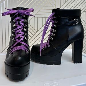 High Heels Boots Round Toe Platform Booties Lace Up Suede - Glitter Laces